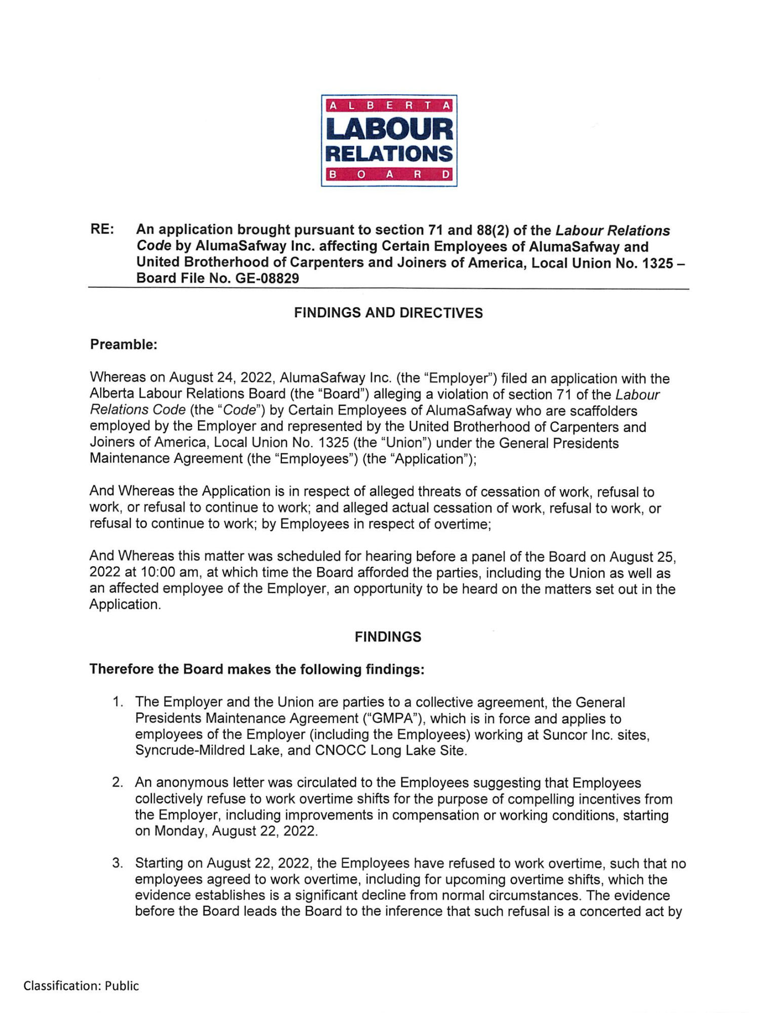 Alberta Labour Relations Board Order regarding AlumaSafway Employees